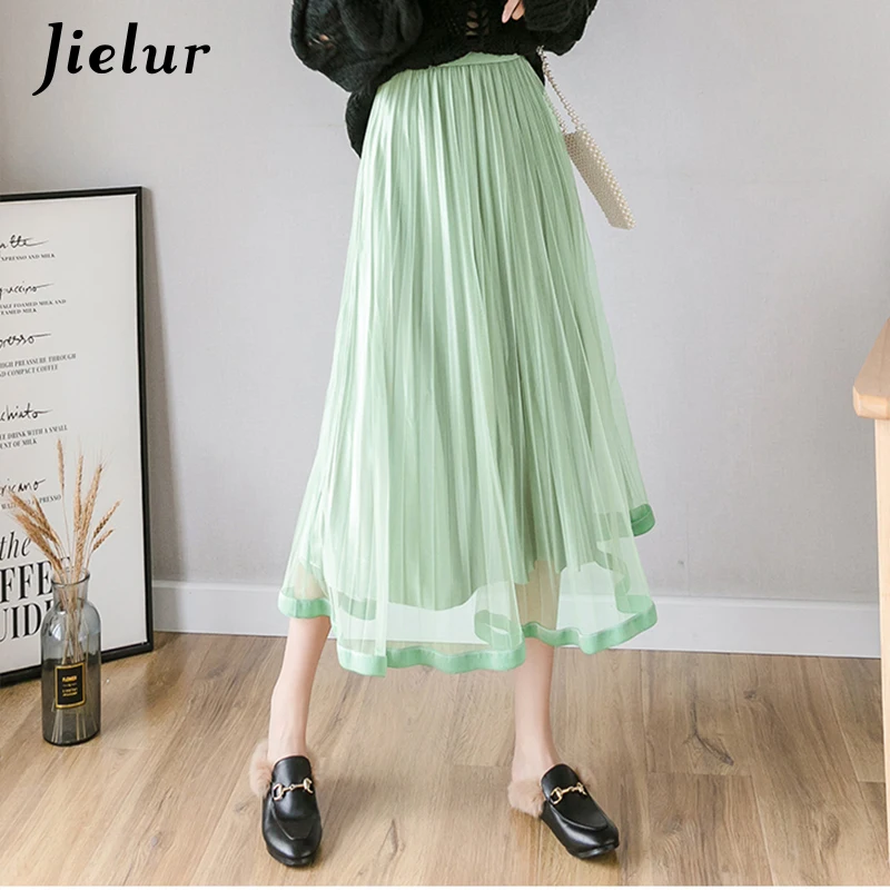 Jielur новые сетчатые женские юбки 7 цветов элегантные женские свободные плиссированные юбки модные милые велюровые корейск