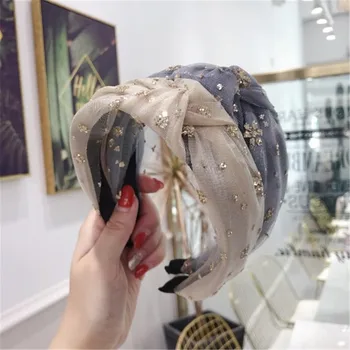 

Korean Version Of The New Hair Accessories Simple Bronzing Sequins Flower Net Yarn Twisted Wide Side Hair Hoop Headband
