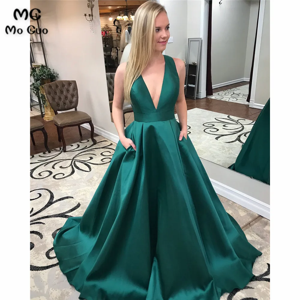 

Teal 2019 A-Line Evening dresses Long with Bow Pockets Vestidos de fiesta Satin Deep V Neck Evening Dress