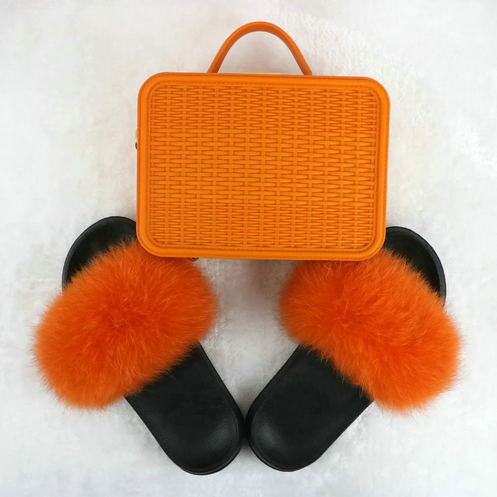 New Fashion Real Fox Fur Slippers for Women Customzed Plush Fur Slides Solid Color Female Hand Bags Sets - Цвет: Set 02