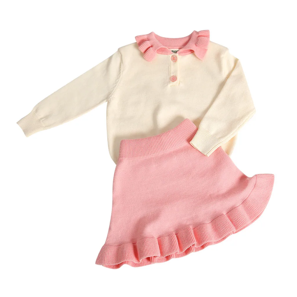 Осенний модный однотонный вязаный свитер с длинными рукавами и пуговицами для маленьких девочек топы+ мини-плиссированный комплект юбки, одежда - Цвет: Розовый