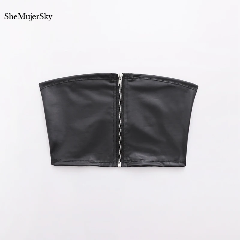 SheMujerSky Summer Pu Leather Crop Top Women Black Sexy Zipper Cropped Tops Sleeveless Top