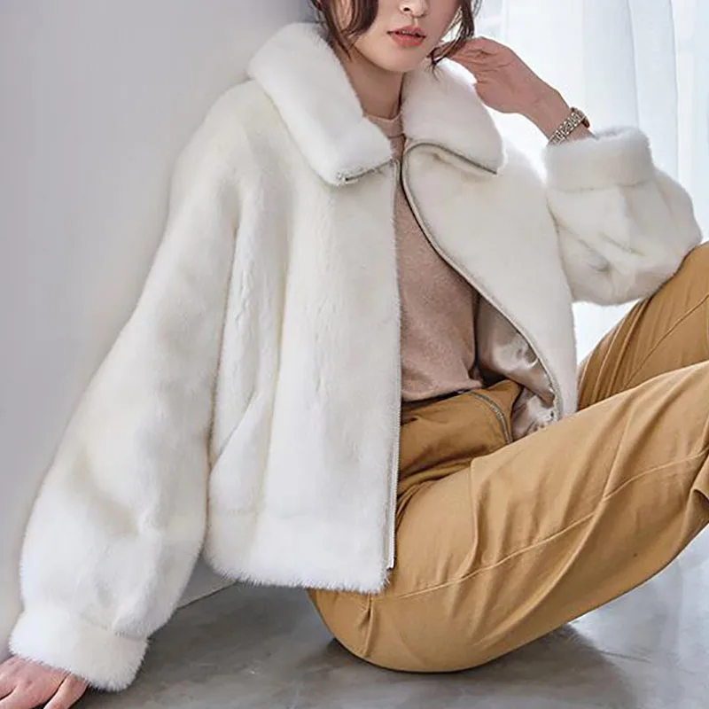Роскошная норковая шуба с воротником для женщин, натуральный мех норки, короткая зимняя модная верхняя одежда - Color: MKW-305