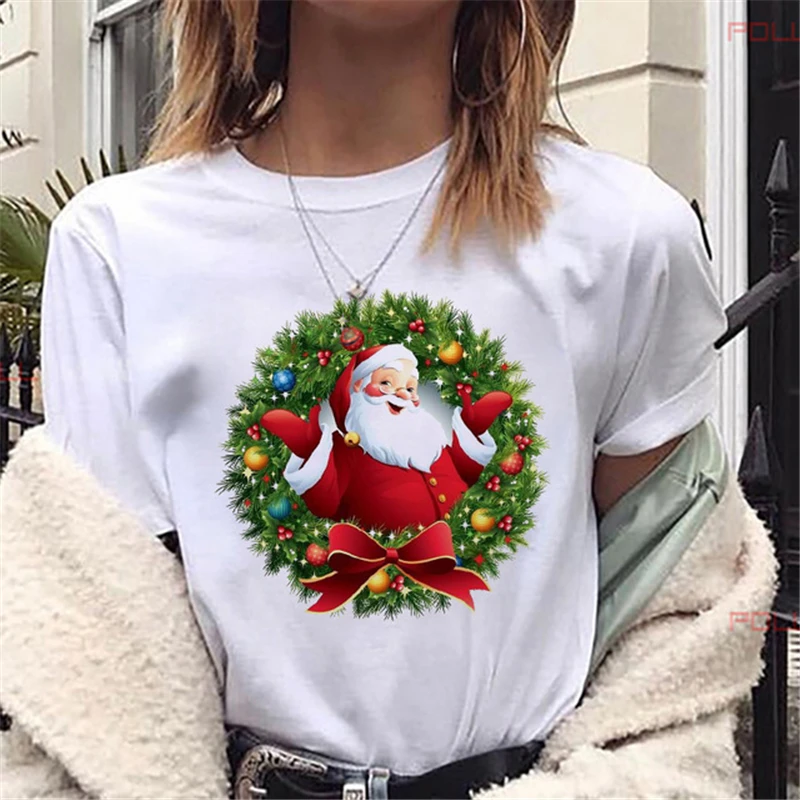 Camiseta de manga corta para mujer, ropa blanca adecuada para todas las estaciones, camisetas con estampado de Papá Noel de Navidad de Año Nuevo, Harajuku