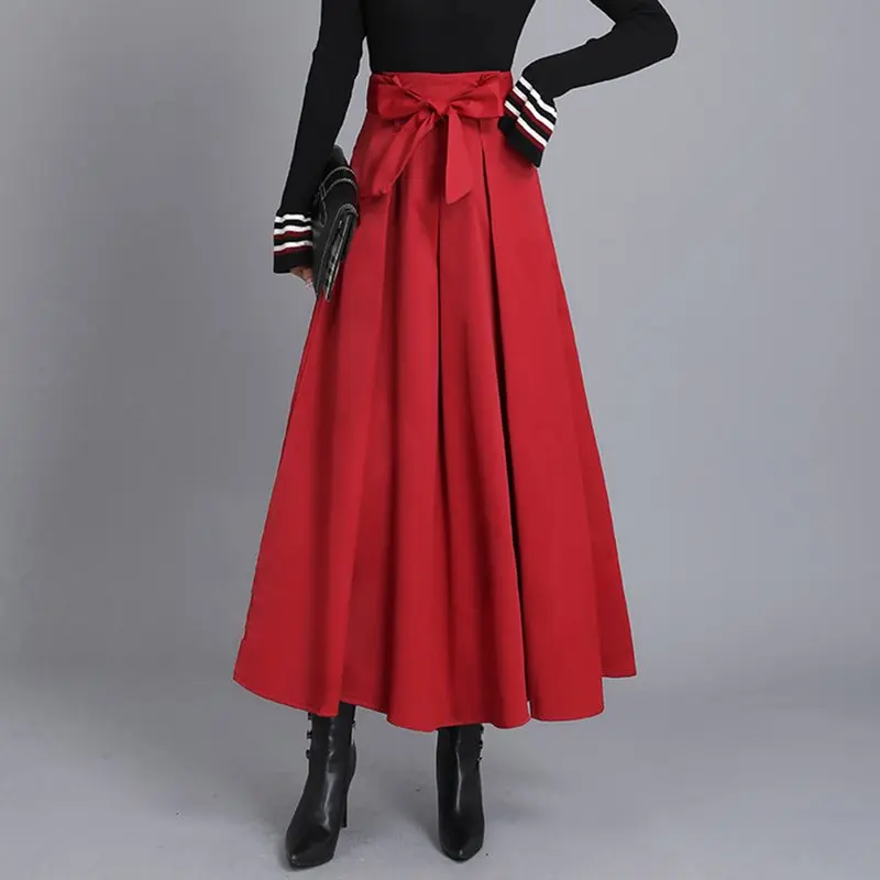 Женская модная удобная повседневная элегантная Высокая талия гофрированные длинные юбки женские винтажные расклешенные Пышные юбки Свинг атласная юбка красный черный