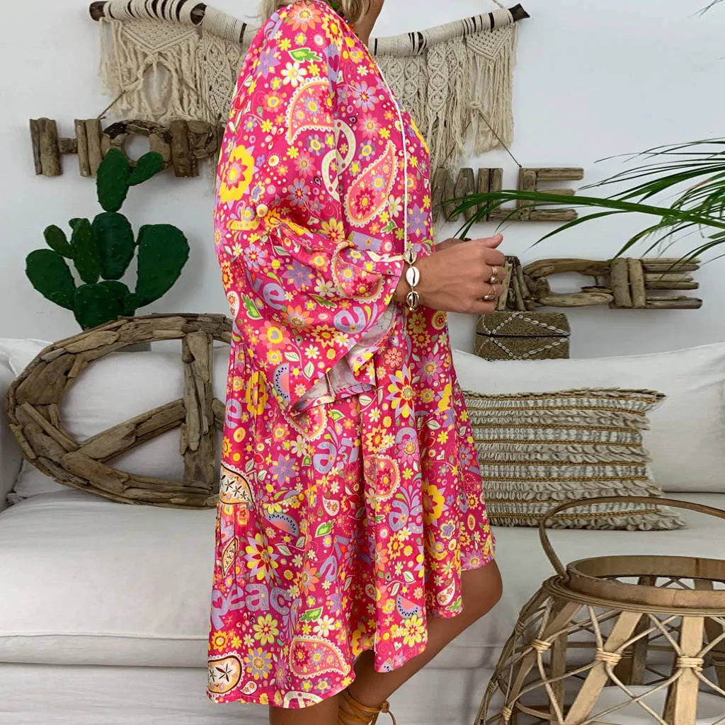 Женское платье Винтаж Boho Цветочный принт Туника Женская праздничная, зеленый, розовый, желтый, розовый, мини-платье для маленьких девочек летнее платье с v-образным вырезом Повседневные платья# G7