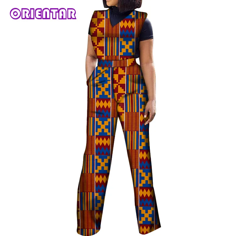 African Jumpsuits for Women V-Neck Sleeveless Autumn Fashion Romper Wide Leg Pants African Batik Wax Print Jumpsuits WY5458