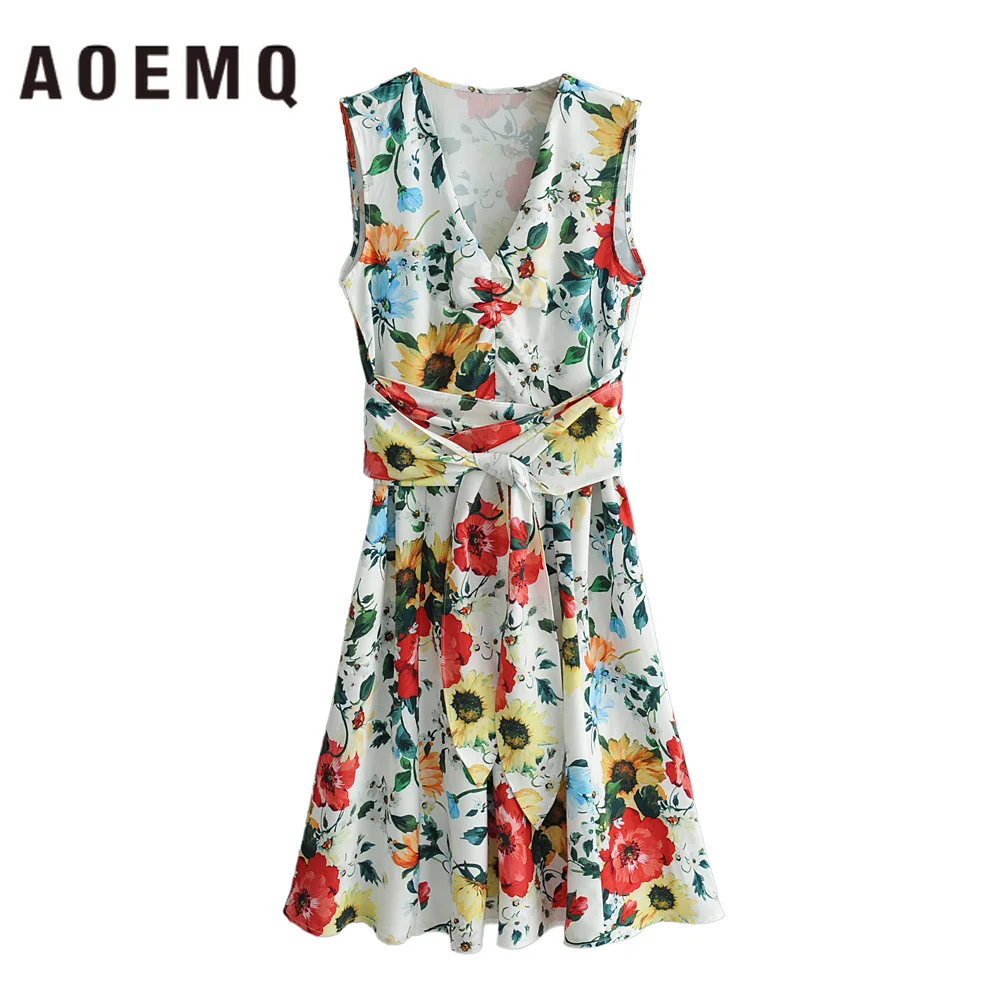 

AOEMQ Dresses Summer Cool Flower Garden Theme Party Style Dresses Sleeveless V-Neck Sexy Adjustable Dresses Women's Clothing