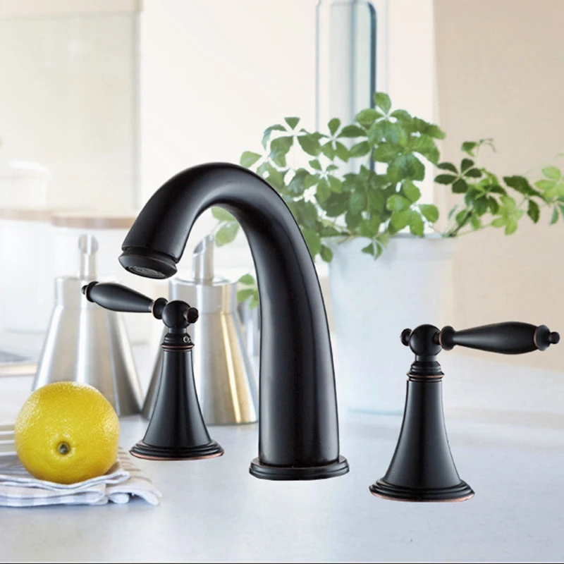 3 Hole Brass Handle Bathroom Sink Faucet Hot Cold Tap