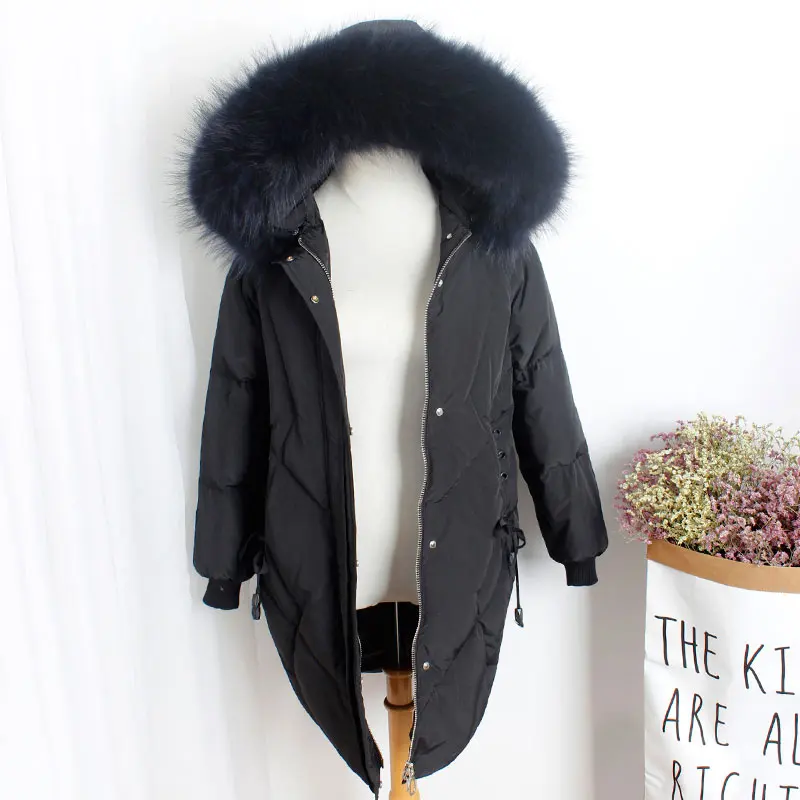 Женское длинное теплое толстое пуховое пальто, женское повседневное свободное пуховое пальто, ветрозащитная верхняя одежда с воротником из натурального меха енота - Цвет: Black