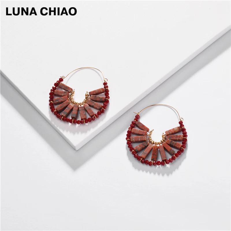 LUNA CHIAO, BOHO, массивные серьги, бижутерия, модное ювелирное изделие, ручная работа, богемный стиль, натуральный камень, стекло, большие серьги-кольца для женщин