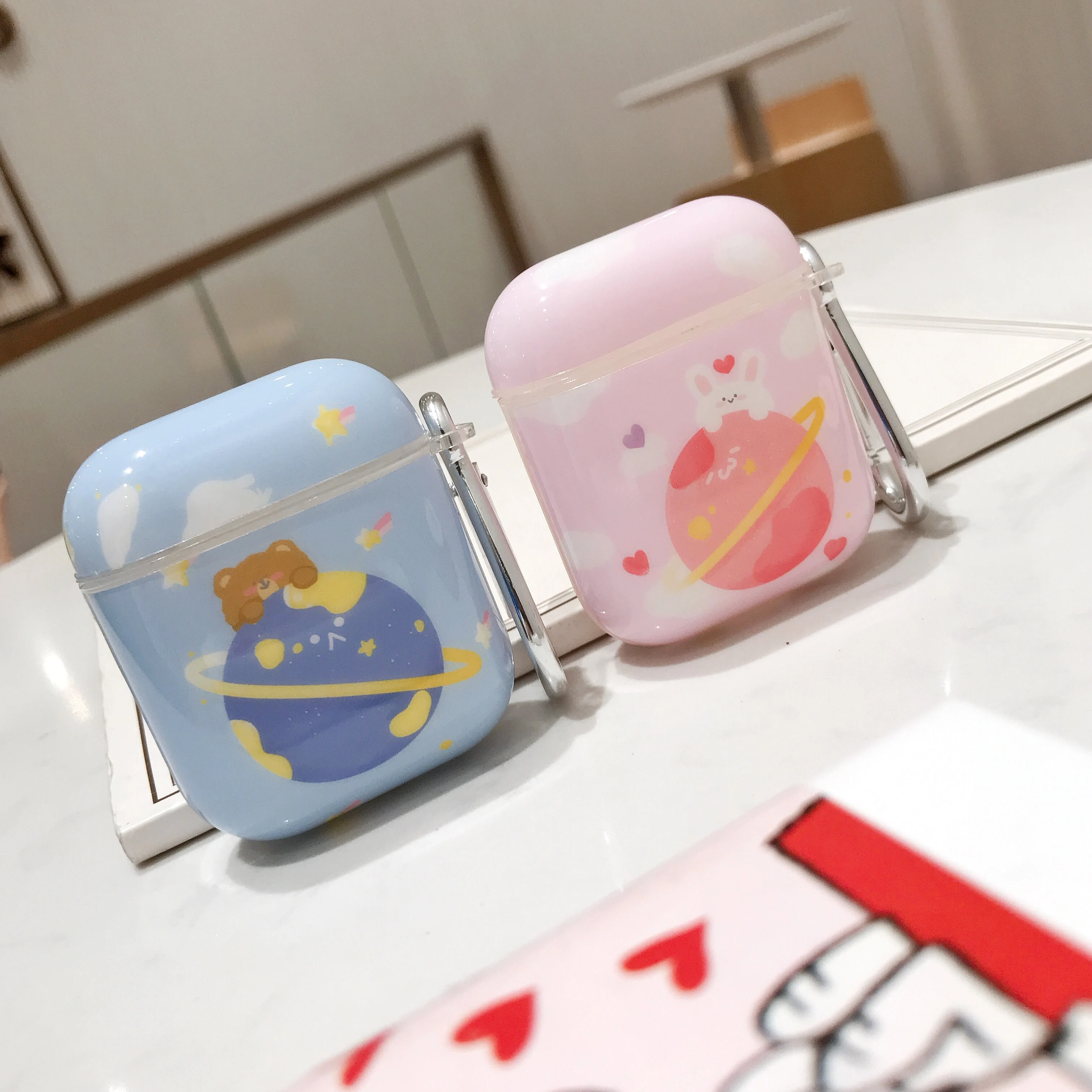 

Silicone cartoon Cases for Airpods Luxury Protective Earphone Cover Case wireless charging protective cover with ring hook