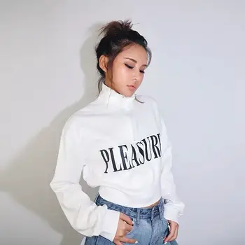 

2020 ins new short show waist suede high neck zipper hoodie long sleeve letter pattern women top cotton Fashion street style