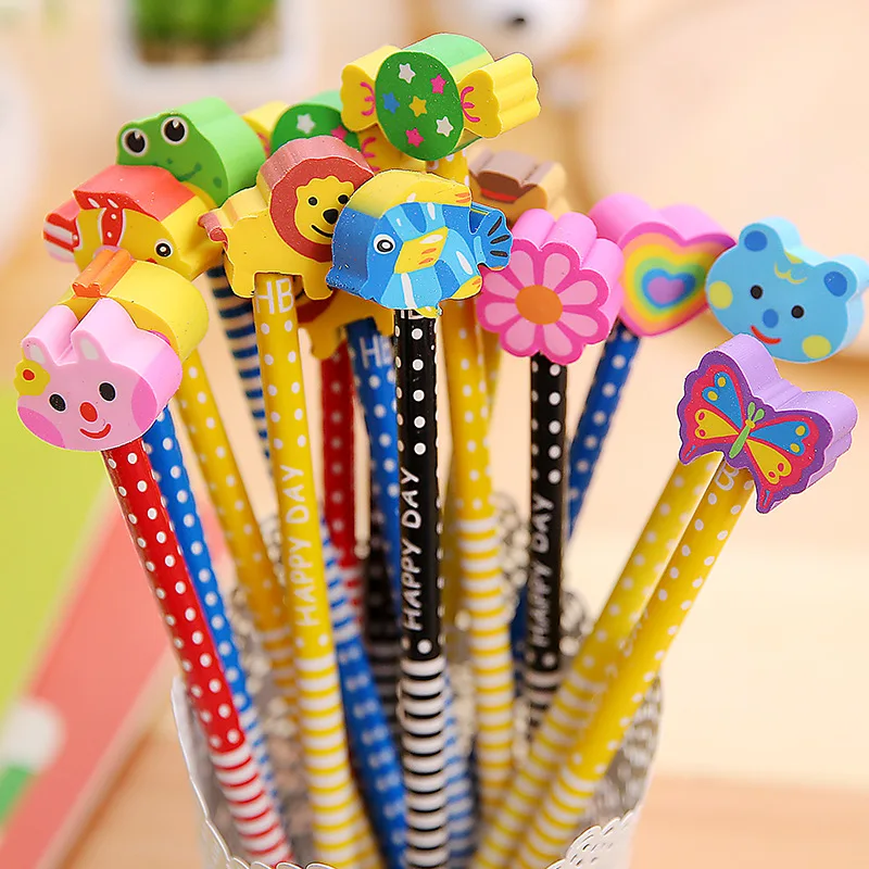 Lot 9 Animal Eraser Topper Wooden Pencils Cartoon Kawaii Cute Kid school Supply 