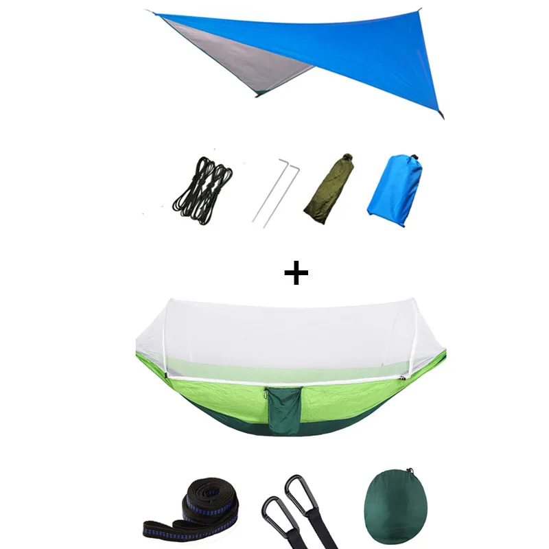 Blue and lightgreen Outdoor Portable Hammock with Mosquito Net and Rain Fly Camping Backpacking Bug Hammocks and Netting Parachute Hammock Canopy - Color: Blue and lightgreen