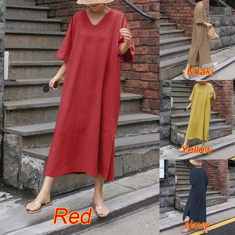 ZANZEA Women Casual Long Shirt Dress Cotton Solid Split Hem Loose Pockets Vestidos Elegant Ladies V Neck Mid Calf Sundress Robe