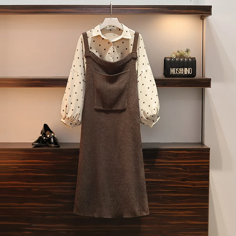 

New Fat Sister Knitted Suspended Skirt Shirt Two-piece Set For Large Size Women's Autumn Dress