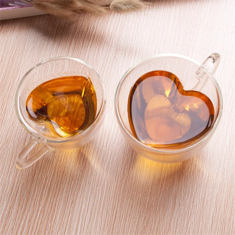 Heart Love Shaped Double Wall Glass Cup  Resistant Kungfu Tea Cup Milk Lemon Juice Cup Drinkware Lover Coffee Cups Mug Gift2