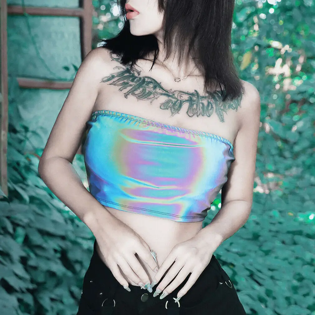 

Fashion Women Sleeveless Reflective Crop Vest Colorfull Printed Backless Laser Bra Bustier Cami Crop Tank Tops