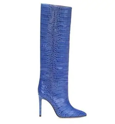 blue BONJEAN Ins/стильные сапоги на высоком каблуке с острым носком; пикантные кожаные сапоги с острым носком и узором «крокодиловая кожа»; жокейские сапоги до колена на тонком каблуке - Цвет: blue
