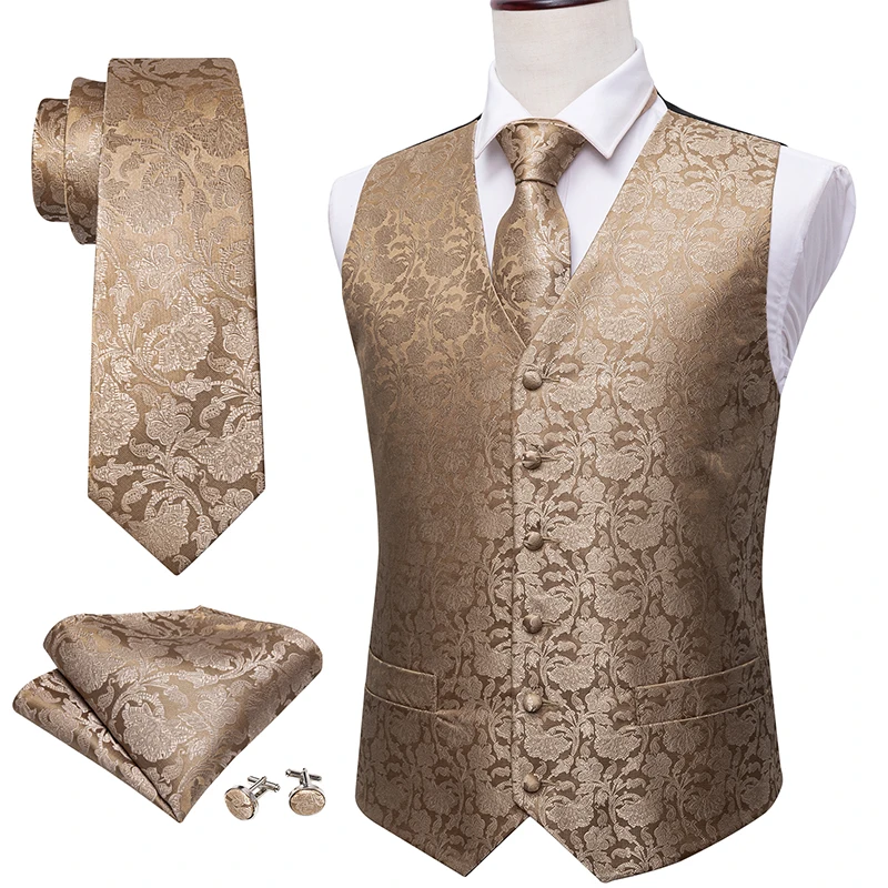 

Silk Camel Floral Men V-neck Suit Vests Formal Waistcoat Necktie Cufflinks Handkerchief Set Vests Barry.wang Designer SJ-2023