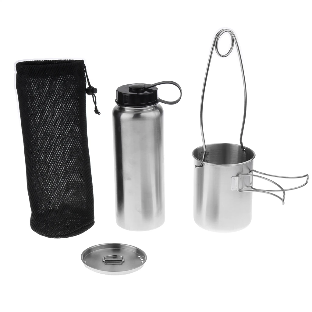 

Stainless Steel Leak Proof 1L Water Bottle 750ml Foldable Cup Mouth Spreader Hanger and Storage Bag Camp Cooking Supplies