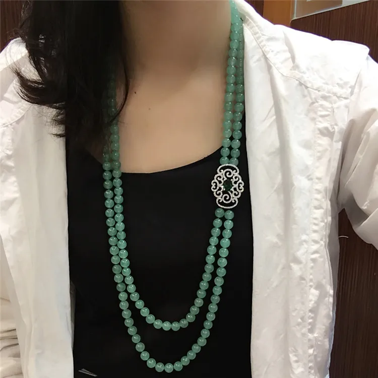 hot sell natural dongling 8mm green Jade stone bead multilayer micro inlay zircon clasp long necklace sweater chain 26