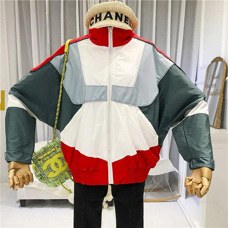 

Geometric Bomber Jacket Women Stand Neck Casual Loose Zipper Female Womens Jackets and Coats Trending Products 2019