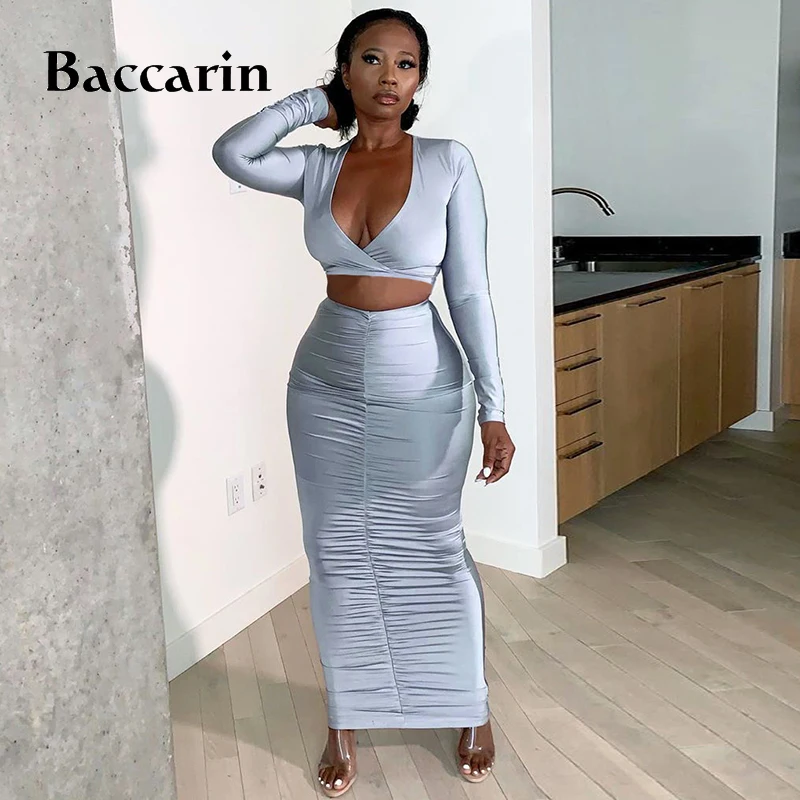 

Solid Ruched Women 2 Piece Set Cross Crop Top Long Sleeve V Neck Midi Skirt Bodycon Sexy Streetwear Party Elegant Outfit