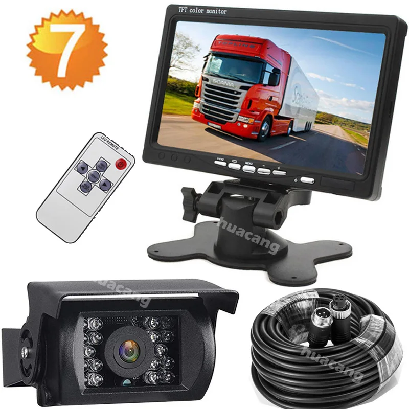 

12V-24V 4Pin 7" HD Reversing Monitor 18LEDs Waterproof Night Vision Rear View Camera Parking System for Caravan Truck Trailers