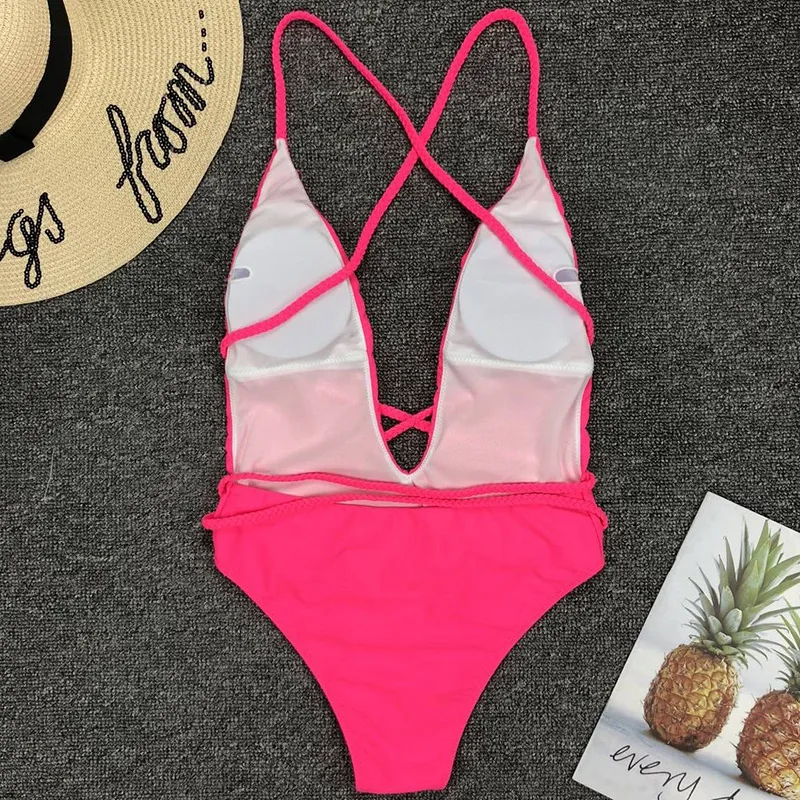 New Deep V-neck Swimwear Women One Piece Swimsuit Female Solid Beachwear Bandage Brazilian Bather Bathing Suit Swim Wear
