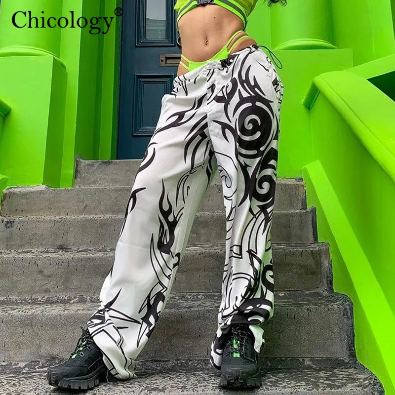Chicology Y2K черно белые широкие брюки с принтом для бега уличная одежда сексуальные