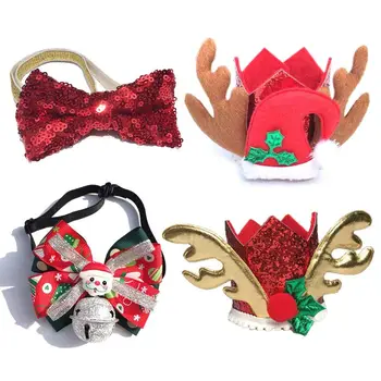 

4Pcs Christmas Dog Cute Hat Bowtie Set Pet Puppy Party Xmas Holiday Festival Costume Decoration Supplies
