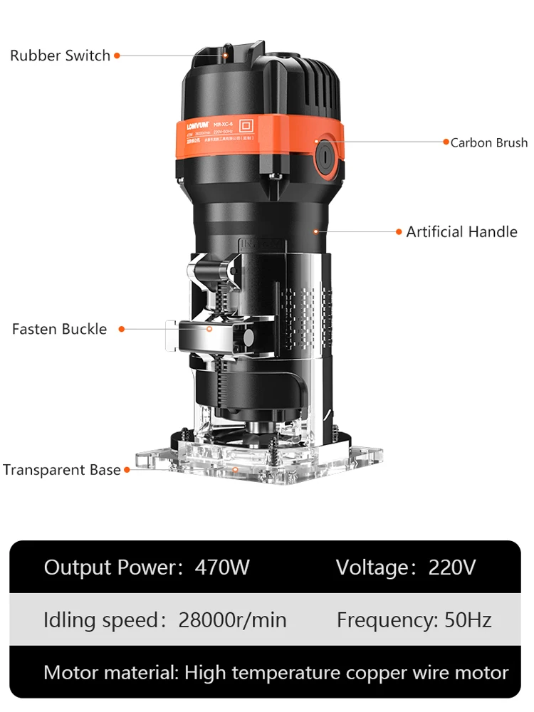 LOMVUM Woodworking Electric Trimmer Renovator Cutter Engraving Slotting Trimming Machine Hand Carving Machine Wood Router