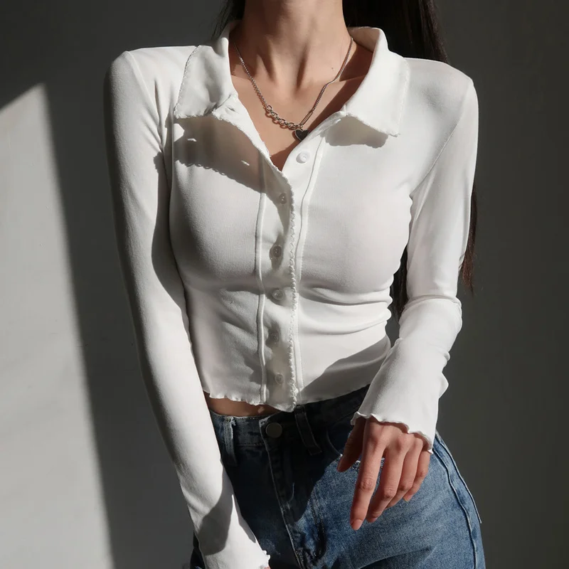 

Women Button Through Collar Tee Spread Collar Long Sleeves Button-through Front Slim Fit Top With Trimming Detail A843
