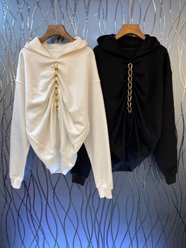 

2020 Autumn and Winter new women's neckline hooded metal chain wrinkle stitching loose long sleeve top 923