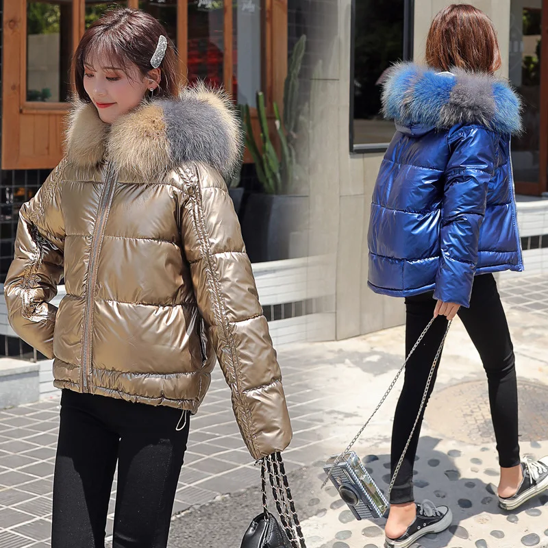 #*Cheap Winter Faux Fur Collar Short Parka Women Hooded Cotton Padded Jacket Female Shinny Parkas Thicken Warm Coats Woman Y110