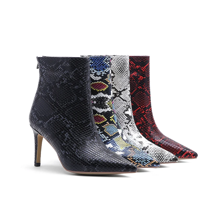 WETKISS/красочная змея; ботильоны из искусственной кожи; женские ботинки на высоком каблуке; обувь для вечеринок; женская обувь с острым носком; женская зимняя обувь; большие размеры 45