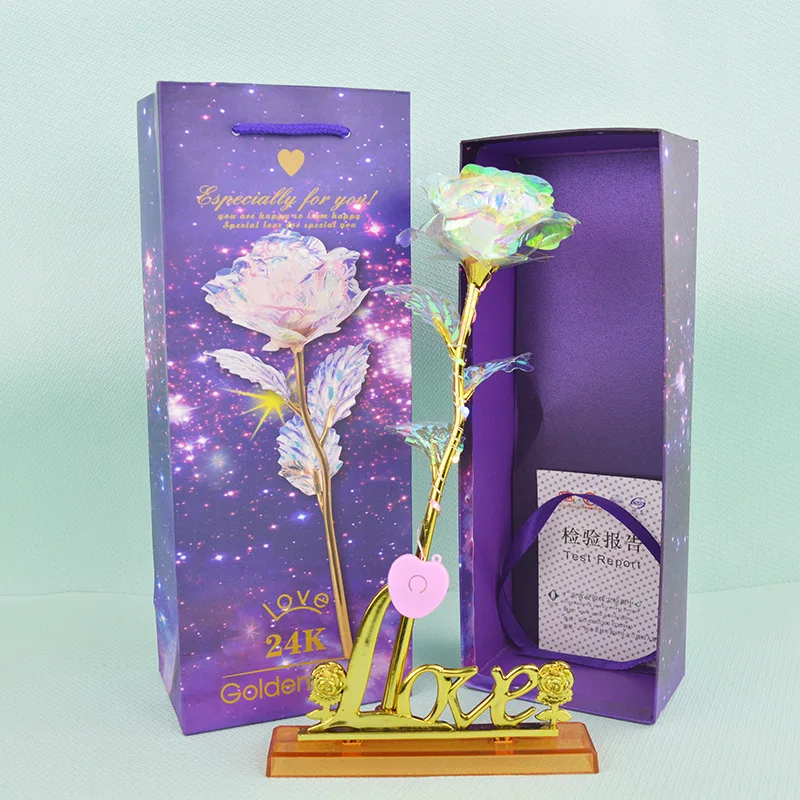 

Rose Valentine Mother's Day Anniversary Gift Glitter Colored gold Rose,Gift box Galaxy Rose with Love Base Luminous