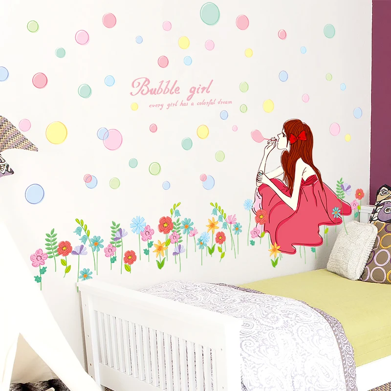 [SHIJUEHEZI] пузырьки Девушка стены стикеры Винил DIY Фиолетовый Одуванчик цветы настенные наклейки для детей спальня гостиная украшения