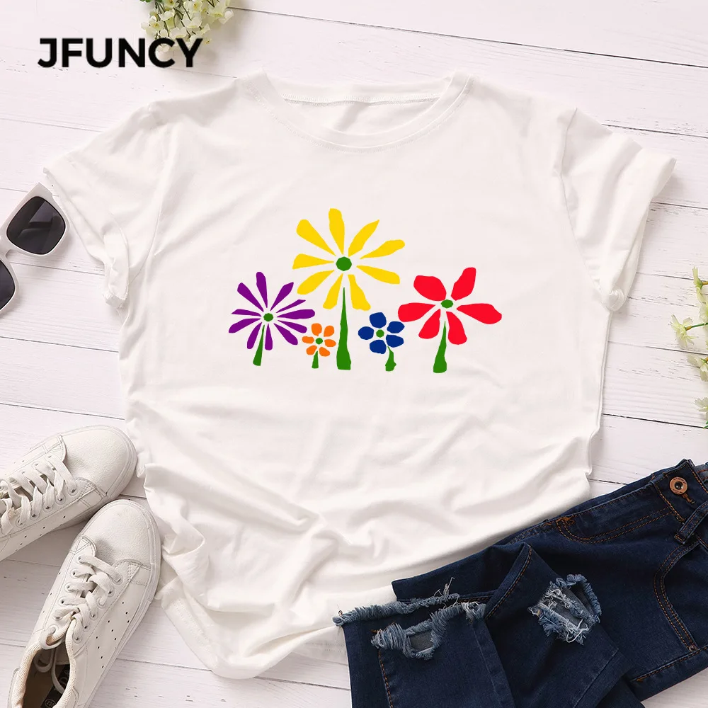 

JFUNCY Women T-shirt Flower Print 100% Cotton Tops Summer Woman Tshirt Plus Size Loose Basic Tees Female Streetwear Tshirt