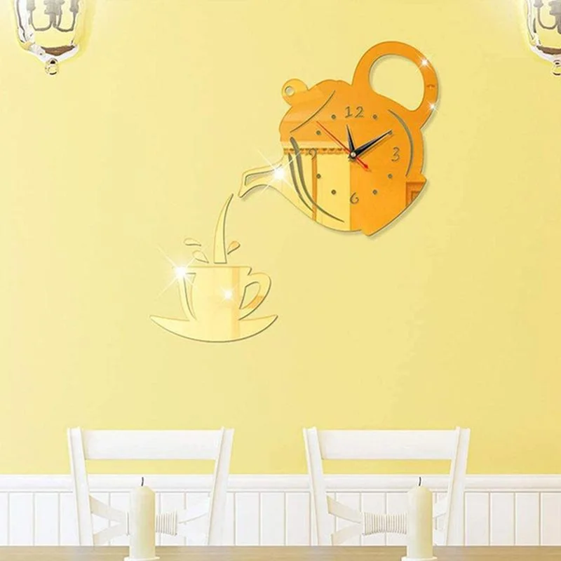 3D Wall Art Clock Stickers Acrylic Coffee Cup Teapot Self Adhesive Mirror DIY Wall Clock Kitchen Home Teahouse Decoration