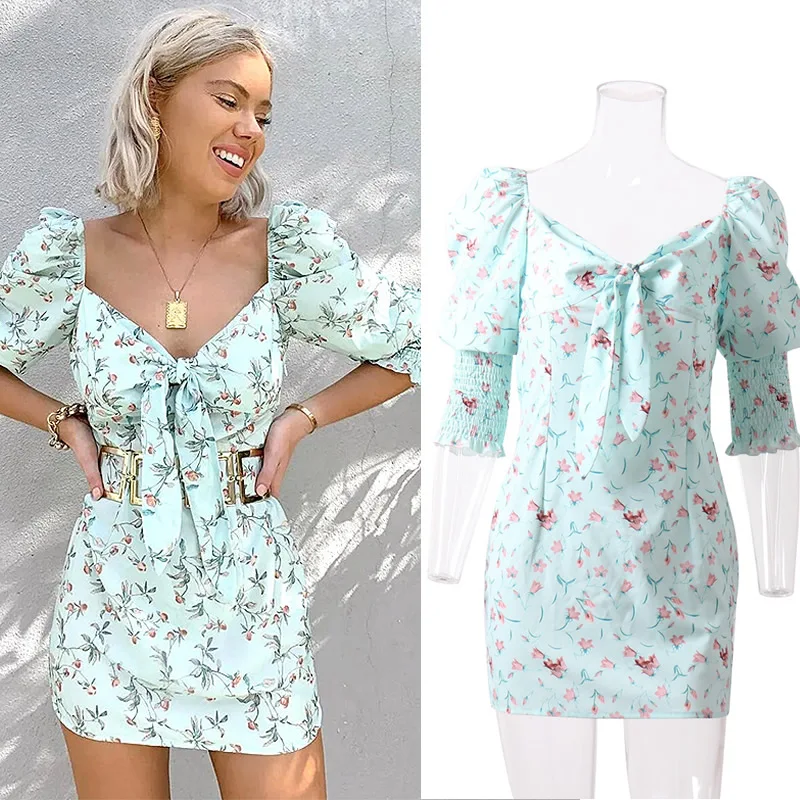 Puff Sleeve Print Casual Beach Style Summer V-Neck Sexy Mini Women's Laides Sheath Bodycon Dresses