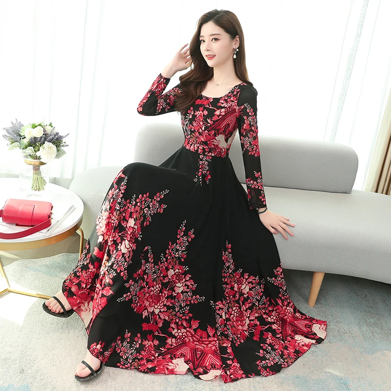 

M-4XL Flower Ben Chiffon High Waist Long Sleeve Ankle-Length O-Neck Dress 2020 Spring Solid Elegant Women Party Dress Vestido