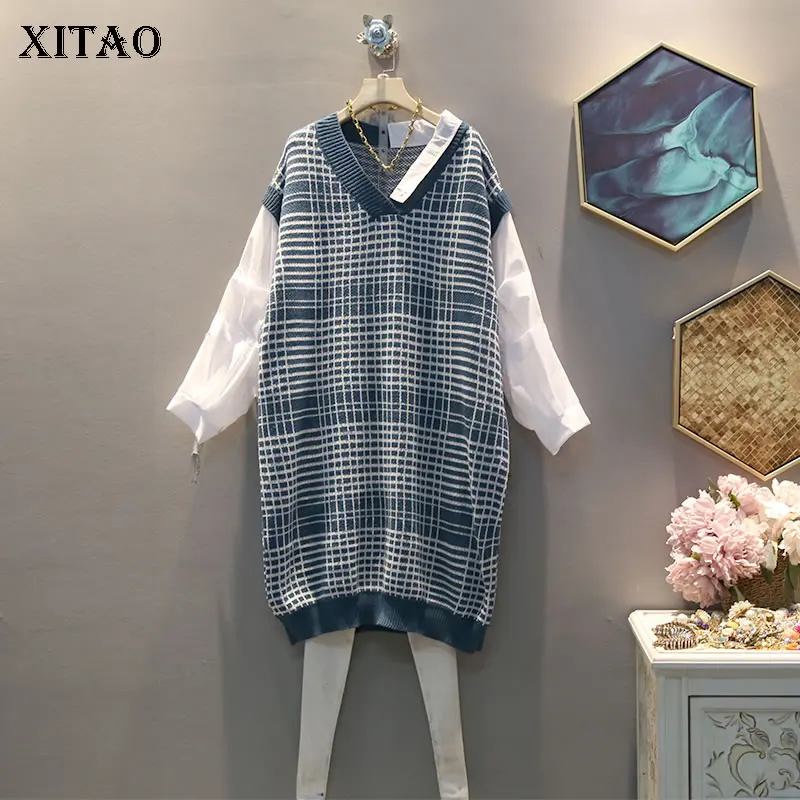 blue DMY1044 XITAO Tide лоскутное клетчатое элегантное платье женская одежда осеннее индивидуальное вязаное платье с v-образным вырезом и длинным рукавом повседневное DMY1044 - Цвет: blue DMY1044
