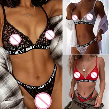 

Sexy Lingerie Exotic Sets Letter Print Lace Bra G-string Thong Set Babydoll Sleepwear Underwear Nightwear Bandage Bra Panties