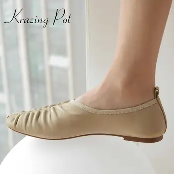 

Krazing pot novelty genuine soft leather round toe low heels comfortable pleated young lady deep mouth elastic brand pumps L66