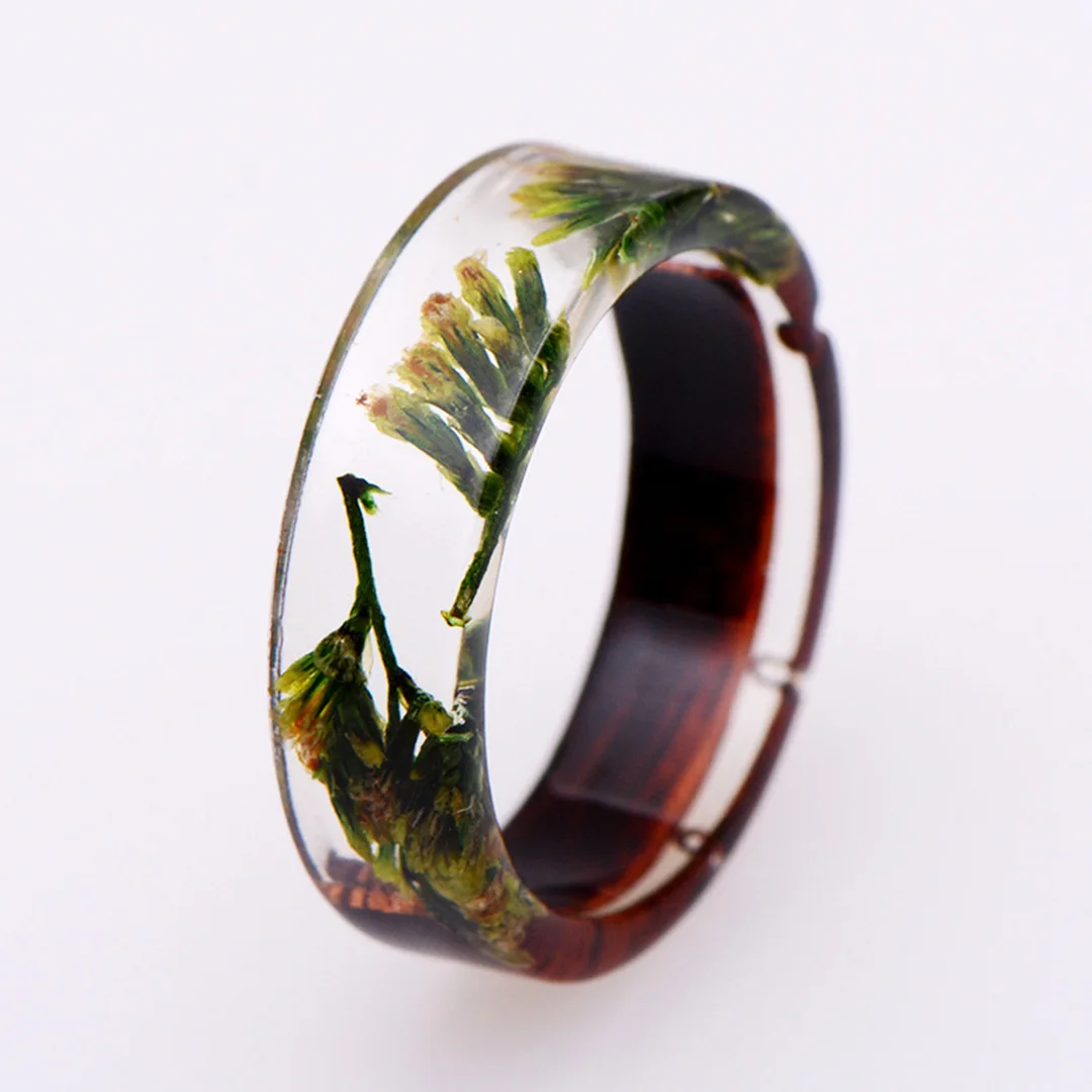 Wood Ring Dried Flower Resin Handmade Ring Vintage Charm Romantic Couple Ring Valentines Day Gift Statement Party Jewelry