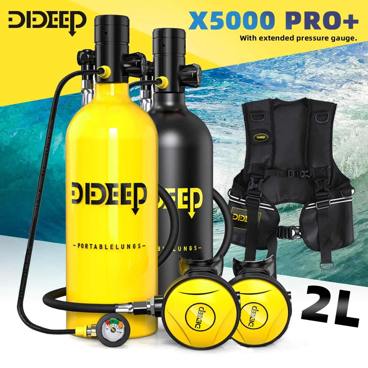 DIDEEP 2L Scuba Diving Tank+Upgrade Pressure Gauge+Diving Vest Bag Oxygen Cylinder Tank Set Snorkeling Equipment X5000Pro New