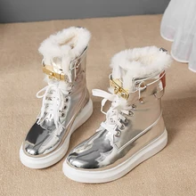 Блестящие Серебристые зимние сапоги; Новинка года; зимние женские сапоги; модные кожаные сапоги на меху; женская обувь; Черные ботильоны на платформе